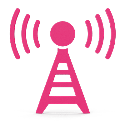 Icon of a pink antenna tower with radio waves.